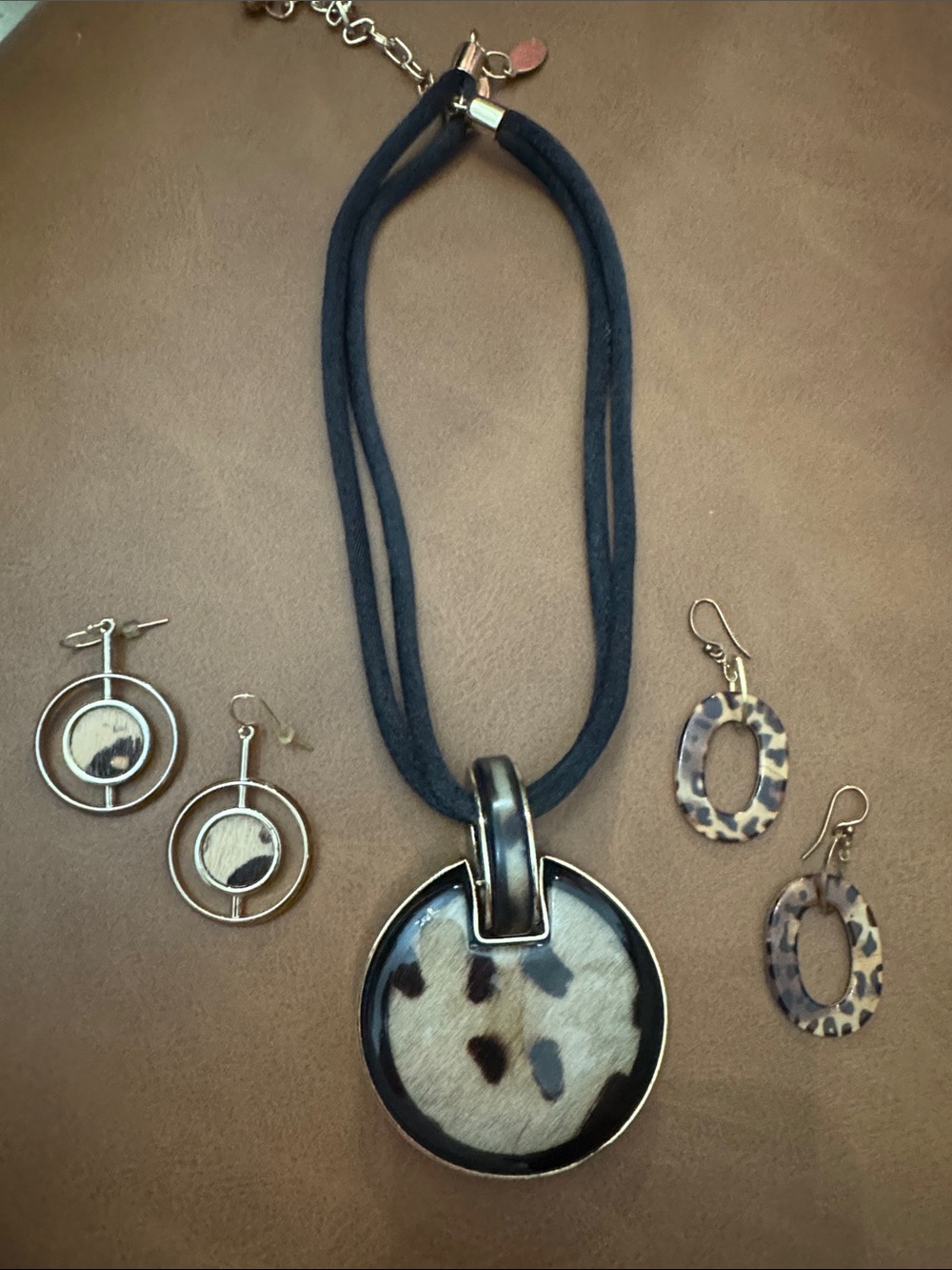Chico's Black Cord Necklace with Leopard-Print Round Pendant